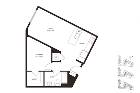 Floor plan for 1 bed, 1 bath, 737 sqft